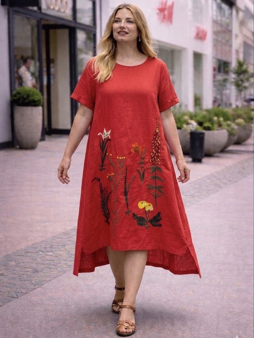 2X Red Floral Embroidered Short-Sleeve Midi Dress cotton/Linen